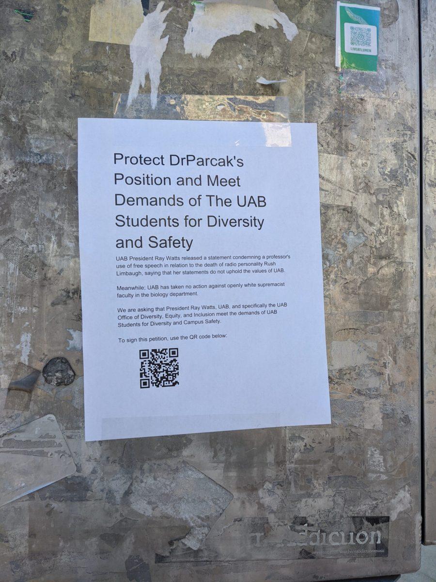 A flyer advertising Bowman's petition outside the Hill Student Center