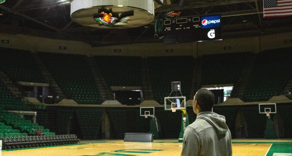 Aaron Johnson looks out over Bartow Arena | Photo by Cade Pair