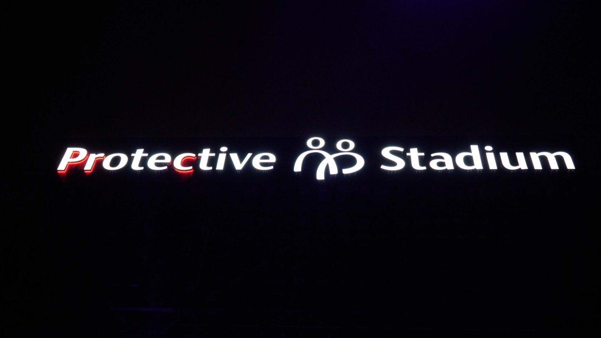 The new Protective Stadium in Birmingham is lit up for the first time. | Photo by Dawson Martin
