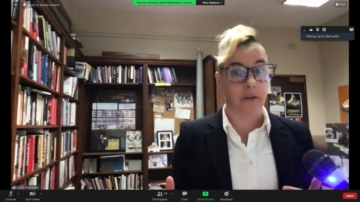 Marhoefer speaking at the event over Zoom