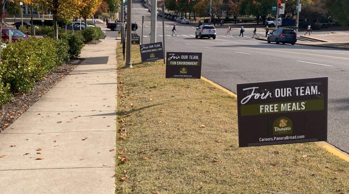 Panera signs outside the Hill Student Center location encouraging students to work there | Photo by Hannah Richey
