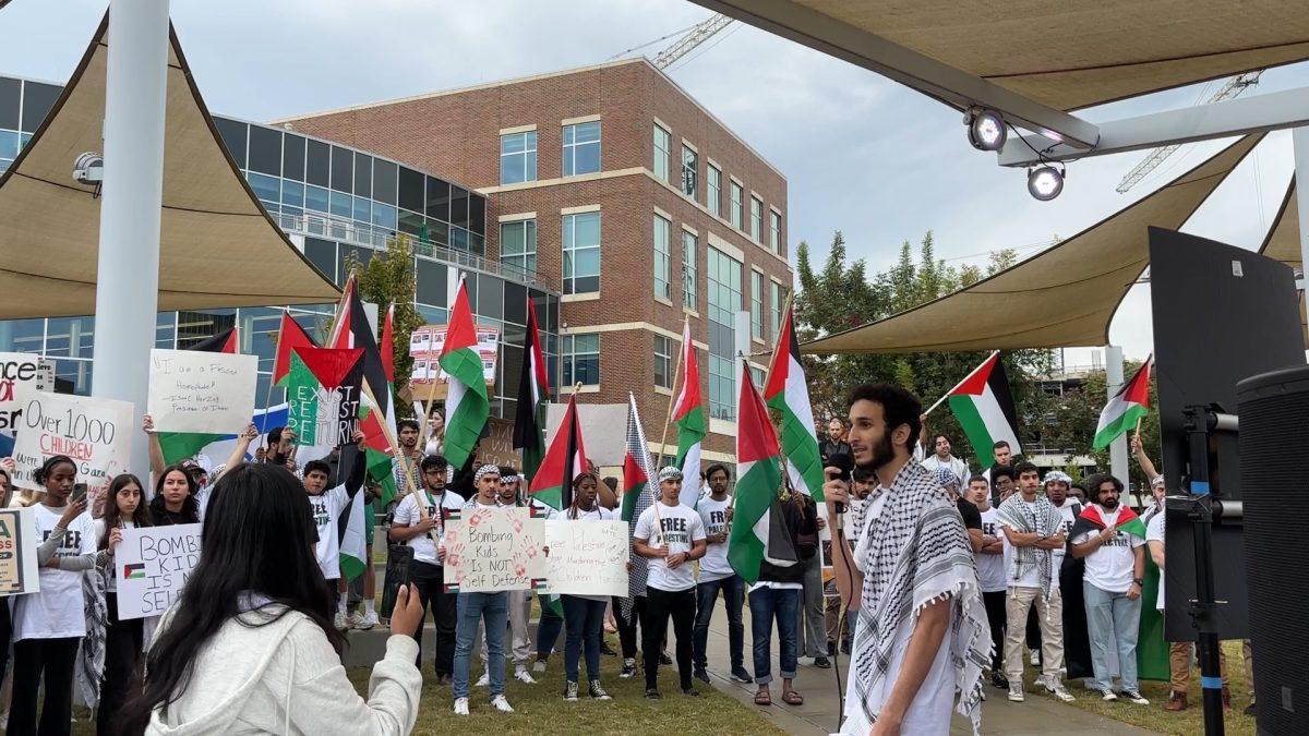 Nooraldein Alabsi, President of UAB's Muslim Students Association, addresses the crowd of protesters.
